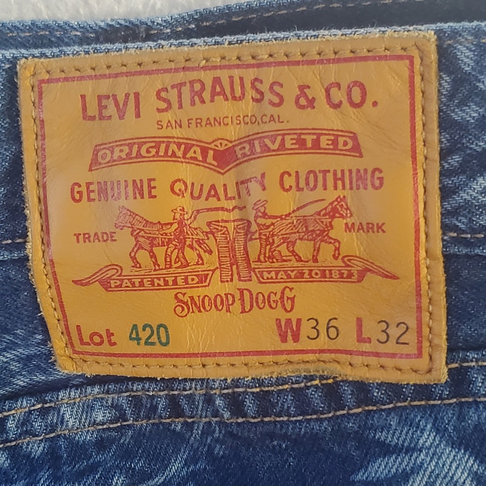 Levis Big E Snoop Dogg Lot 420 Paisley Print Blue Denim Jeans Mens W36 L32 AOP - Picture 10 of 16